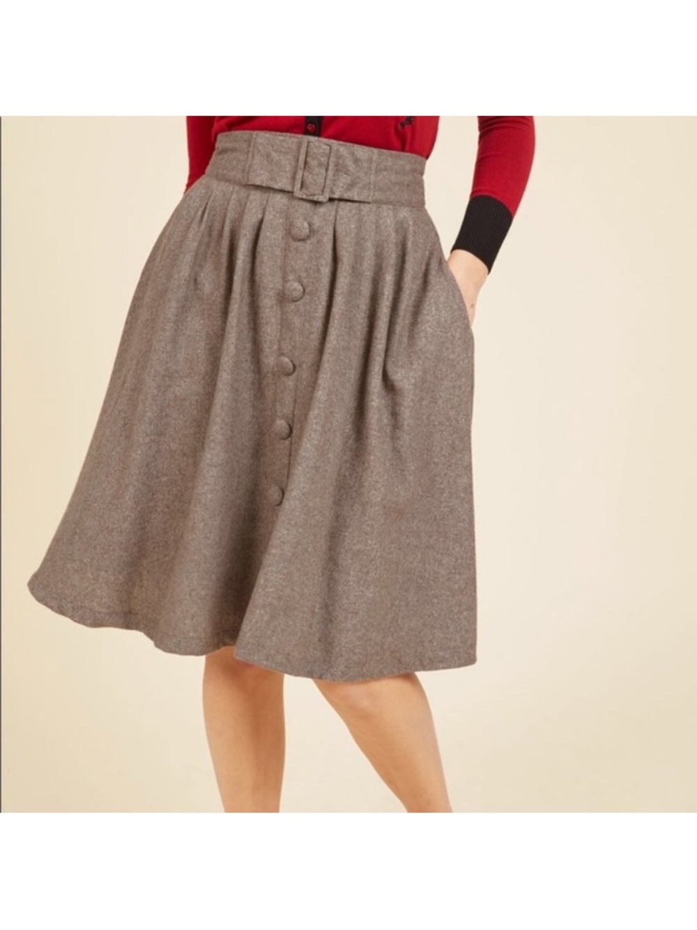 Modcloth Intern of Fate Skirt faux belt buttons pockets 1X lined retro preppy